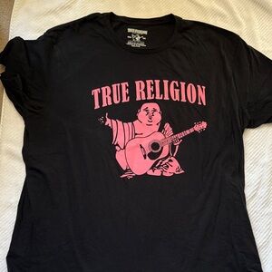 True Religion Black Tee with Pink Buddha Graphic